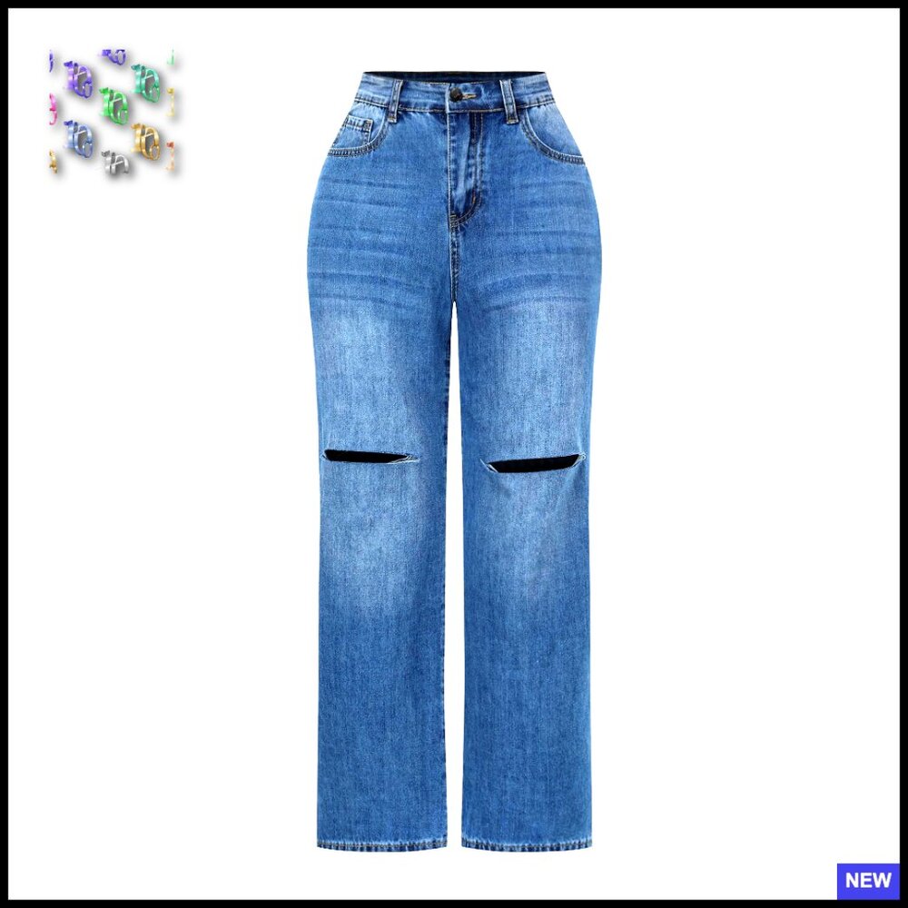 High Waisted Wide Leg Jeans Stretchy Distressed Denim Pants Y2k Chic